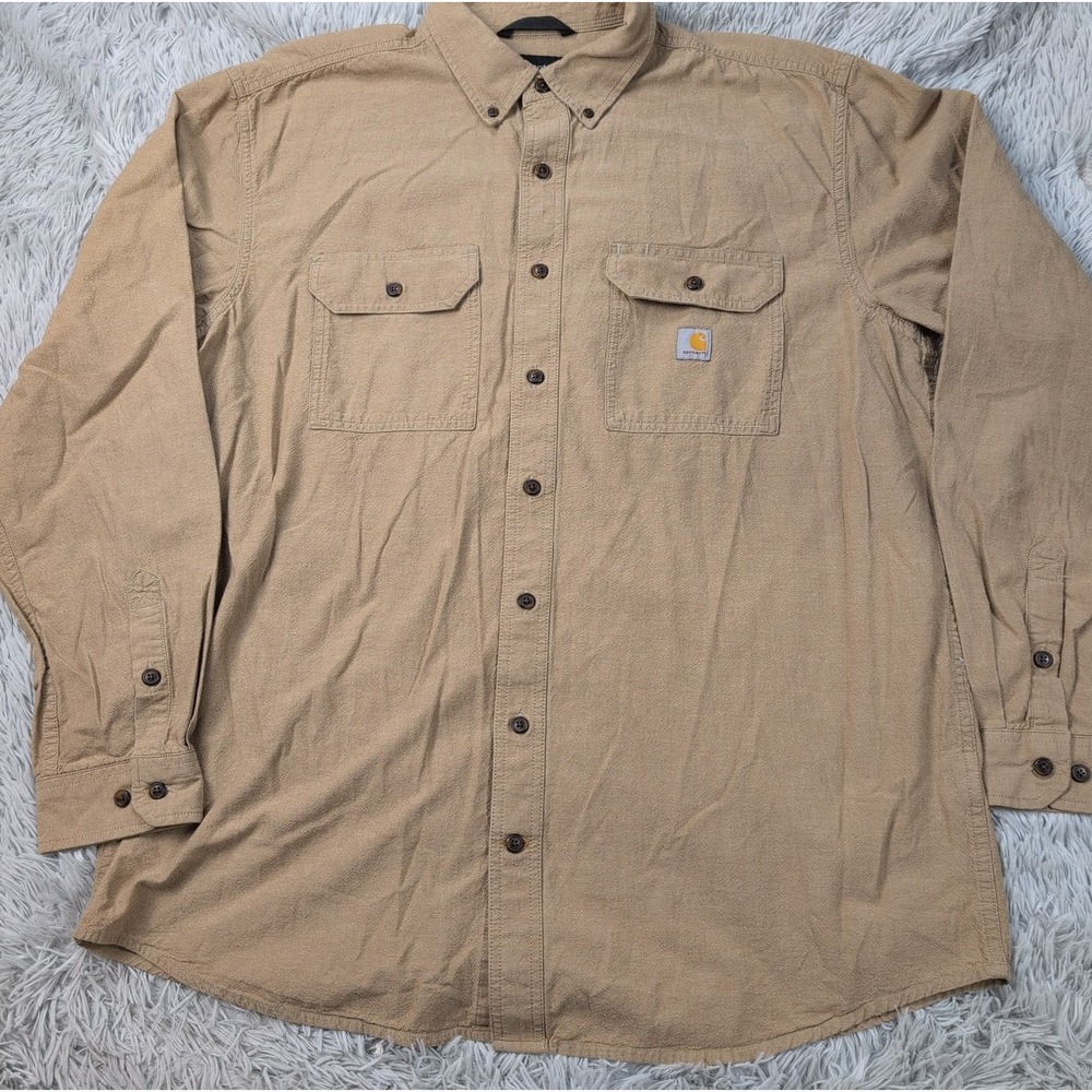 Carhartt Shirt Mens XL Tall Beige Button Up Pockets Work Wear Chore Loose Fit